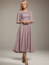 A-line Scoop Tea-Length Lace Chiffon Mother of the Bride Dress